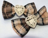 brown plaid heart hair bows- trendy hair accessories- small hair bow clips