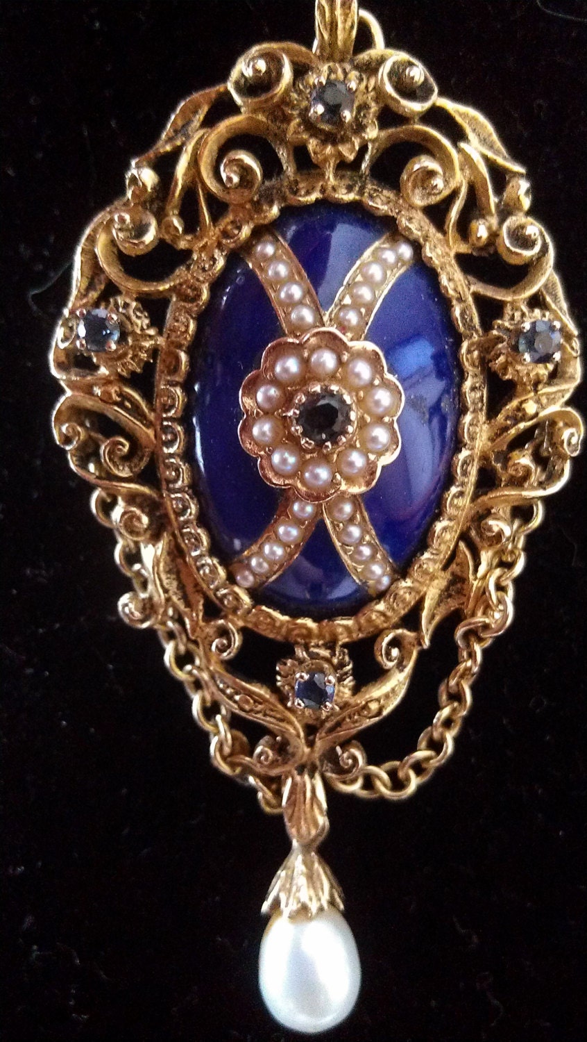 Unique 14k Gold  Seed Pearl Blue Enamel Sapphires Victorian Pendant 14.5 Grams