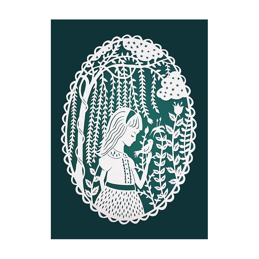 Girl in the Willows - Original Papercut Illustration - 5x7 Art Print