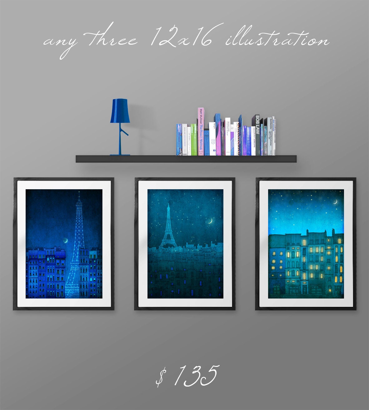 SET of any THREE 12x16" fine art illustration prints  - Paris art illustration print,Paris decor,Love,France,French fine art