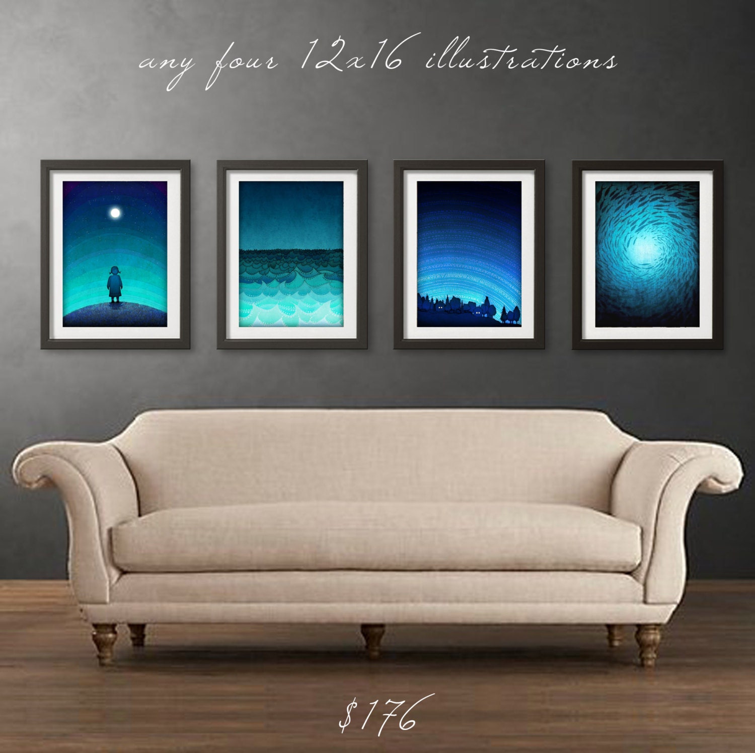 SET of any FOUR 12x16" illustrations - Fine art illustration prints,art prints,Yellow,Art Posters,Paris art,Paris decor,Wall art,wall decor