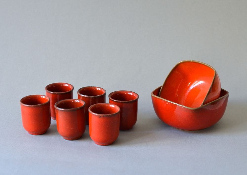 Vintage West German pottery bowls shooters poppy red set dish ceramic snack entertaining cocktails