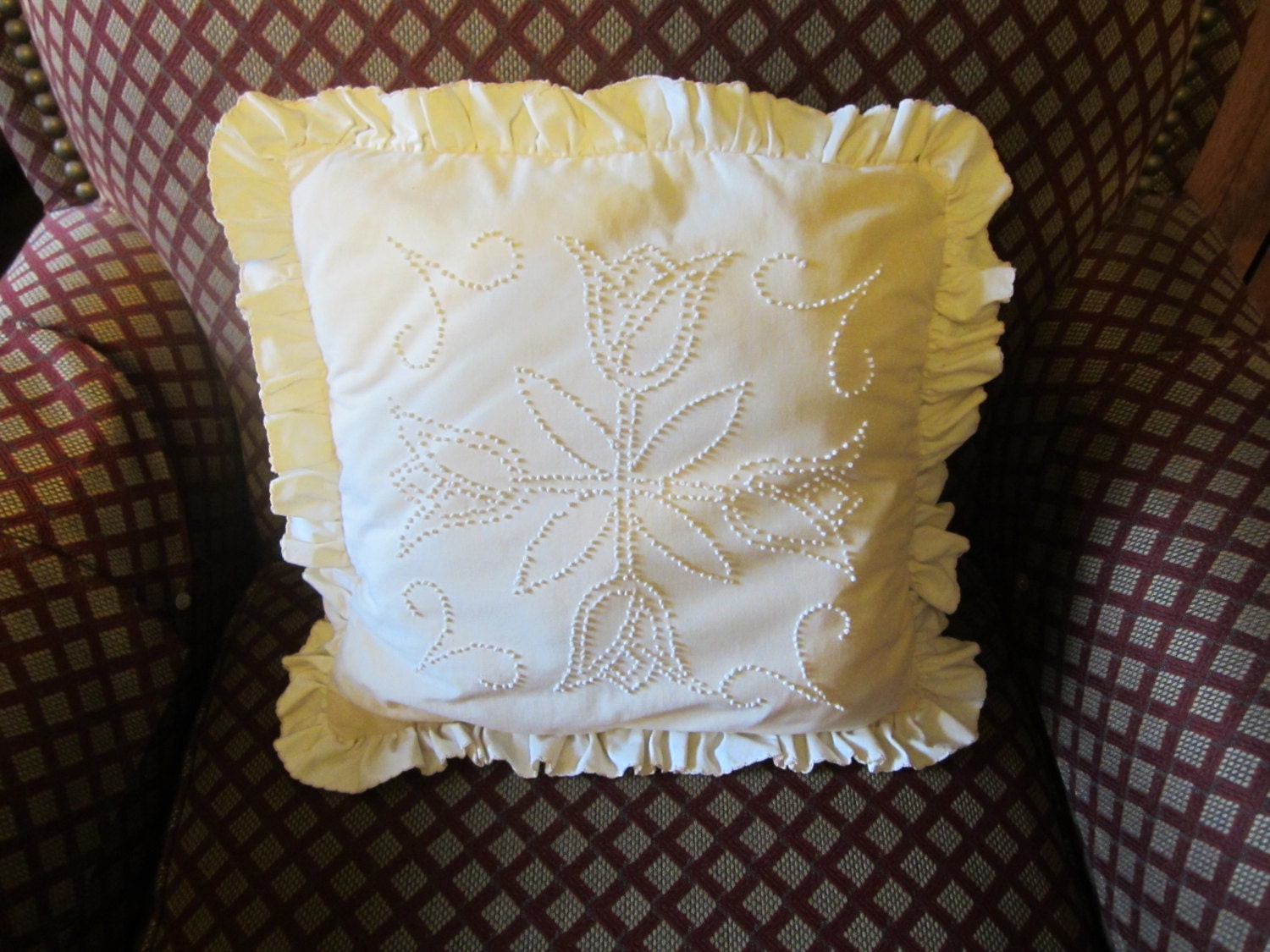Pillow with Candlewicking Tulips, Handmade Vintage