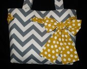Gray Chevron Tote Bag Purse with Yellow Polka dot Bow, Handmade Shoulder bag, diaper bag