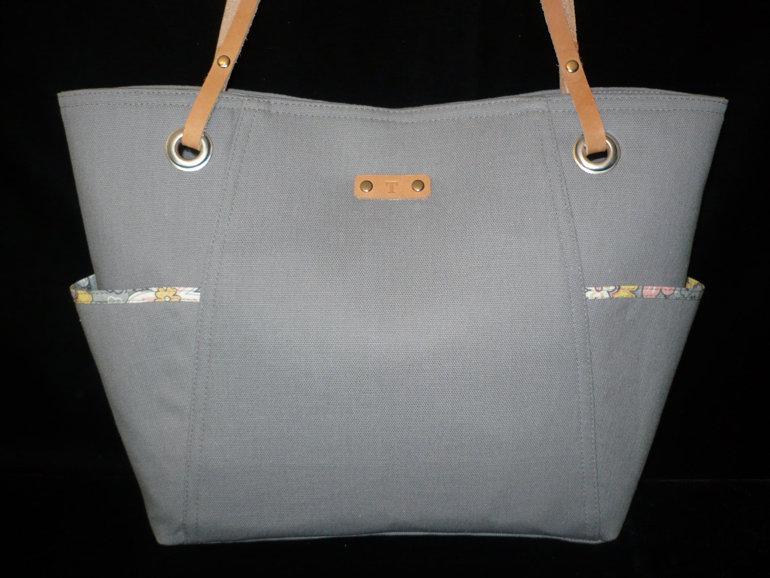 Gray Canvas Bag Purse, Handmade handbag, Shoulder Bag with leather handles