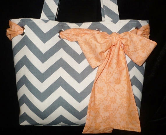 Large CHEVRON Tote Bag Purse in Canvas with Peach Bow, handmade shoulder bag