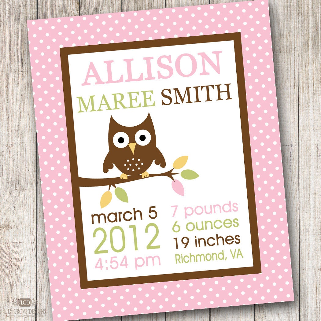 Pink Forest Owl Birth Announcement Nursery Wall Art - Digital File - Print Your Own (You Print)