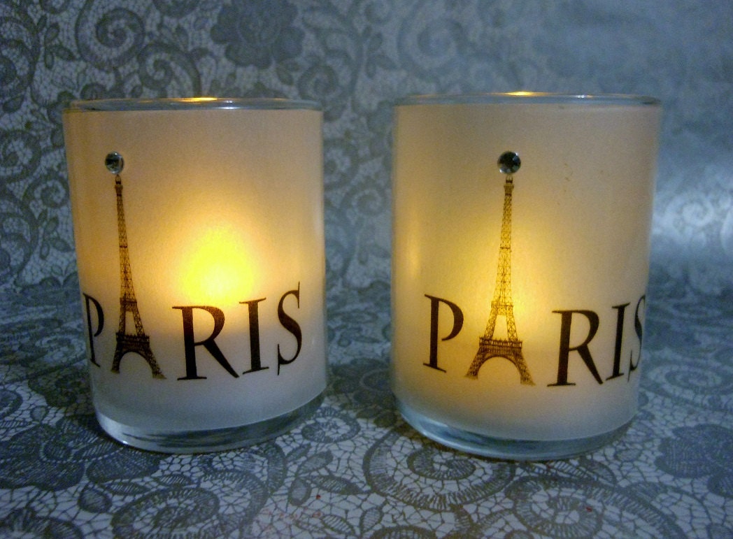 Set of 10 Small Paris Eiffel Tower Label Votive Candle Holders With Flameless Candles