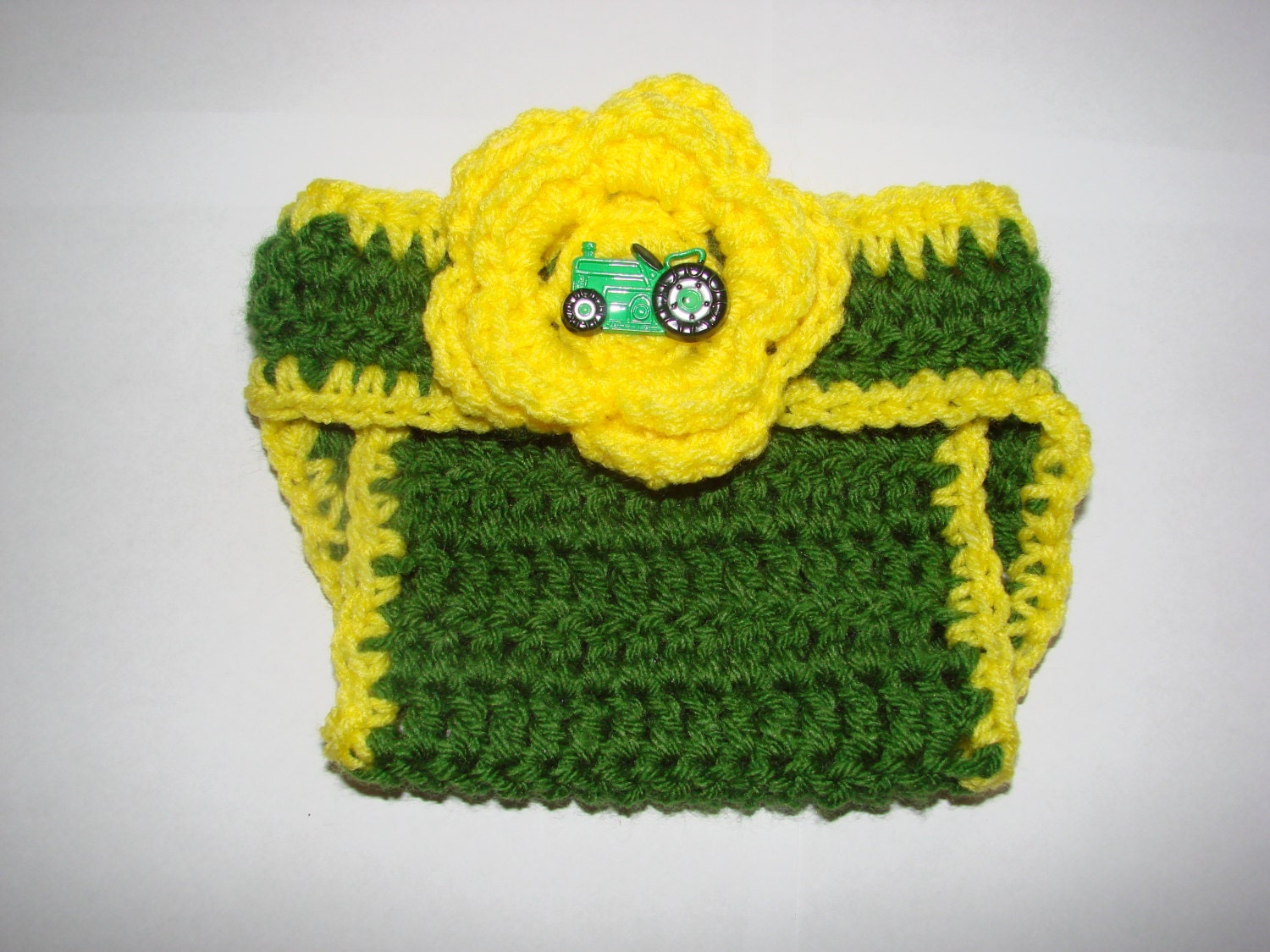 Baby girl John Deere diaper cover crochet yellow green tractor  flower newborn 0-3M Photo prop shower gift