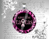 Save The TaTa's Breast Cancer Awareness Animal Prints - Pink Cheetah, Pink Zebra, White Zebra  - 1 inch Glass Circle Photo Pendant Necklace