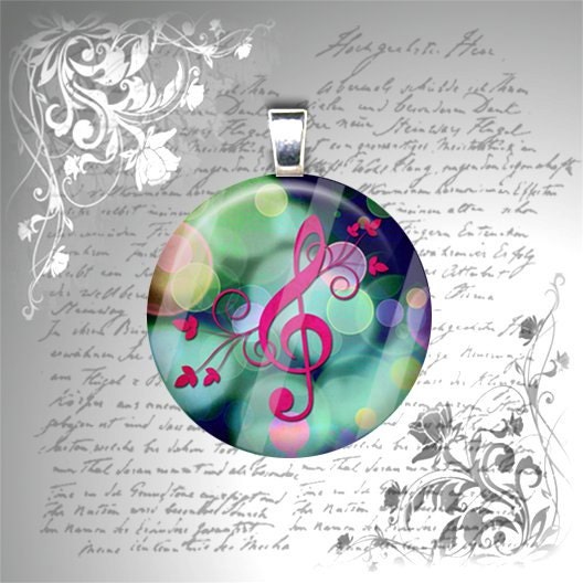 Disco Music Note - Pink Treble Clef on Psychedelic Blue and Green Background - 1 Inch Glass Circle Photo Pendant Necklace