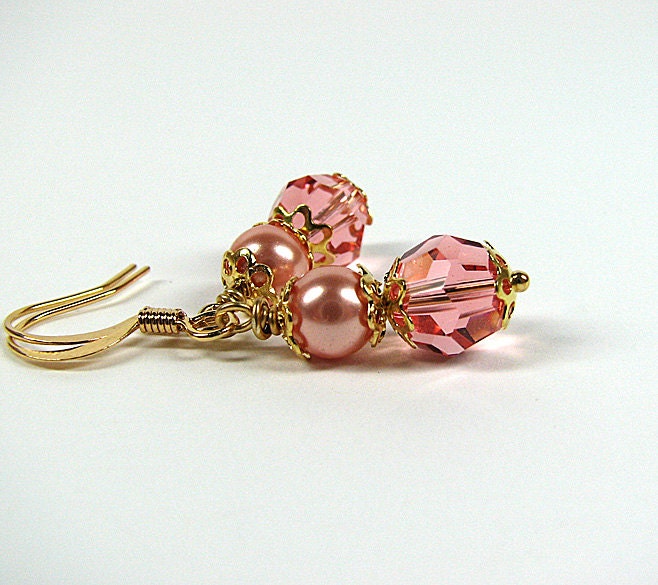 Peach dangle earrings Swarovski crystal and crystal pearl earrings Romantic beaded jewelry Crystal jewelry Wedding bridesmaid bridal jewelry