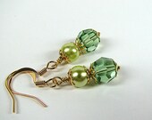 Grass green dangle earrings Swarovski crystal and pearl earrings Romantic beaded jewelry Crystal jewelry Wedding bridesmaid bridal jewelry