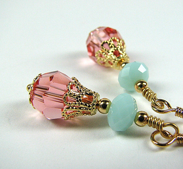 Peach and mint green dangle earrings Swarovski crystal beaded earrings  Bridesmaid gift Wedding bridal jewelry Beaded jewelry Mothers Day