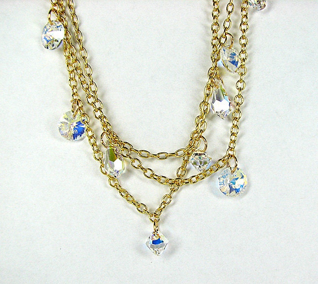 Multistrand crystal necklace Clear AB Swarovski crystal beaded necklace Multi strand gold chain necklace Boho beaded jewelry Mothers Day