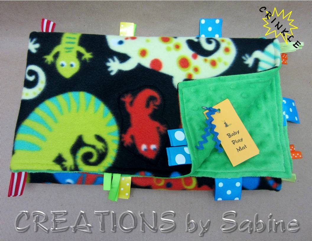 Baby Minky Sensory Play Mat with Ribbon Tags Crinkle Sound 28x32" Stroller Blanket Tag Blanket Changing Pad Lizards Green READY TO SHIP 19