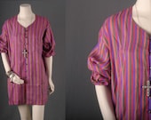 Dress women tunic blouse shirt pink striped silk hippie bohemian gypsy size L large