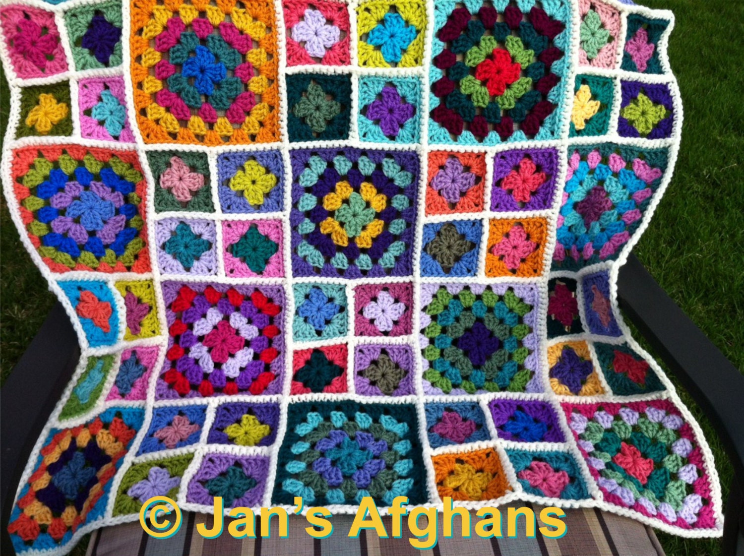 Crocheted afghan kaleidoscope granny square BABY afghan, sampler afghan, 34"x34" winter white border READY to SHIP