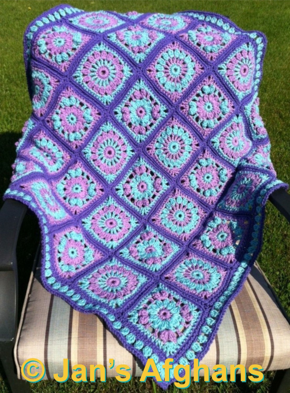 Crocheted afghan baby blanket 36"x36"--aqua and lavender pinwheel granny squares--you choose border--MADE TO ORDER