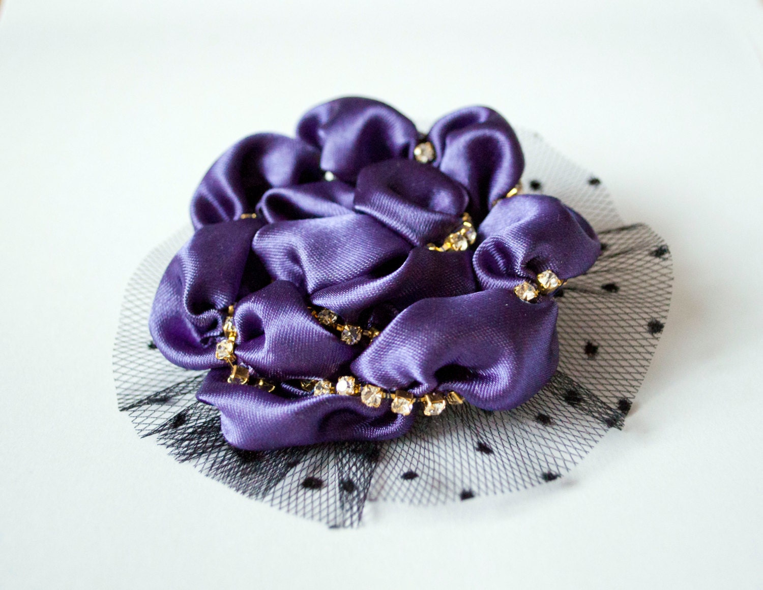 Elegant purple brooch, woman brooch, black, pin, lace, crystals