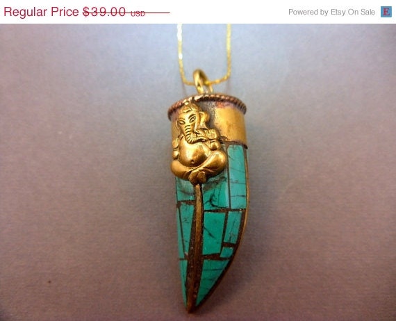 Memorial Day Sale Ganesha Tibetan Brass Turquoise Horn Necklace - Boho Celebrity Style