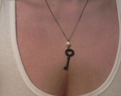 Valentines Day Jewelry Skeleton Key Necklace Fresh Water Pearl on Sterling Silver oxidized chain