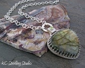 Green and gold labradorite sterling silver metal smith necklace on heavy link chain
