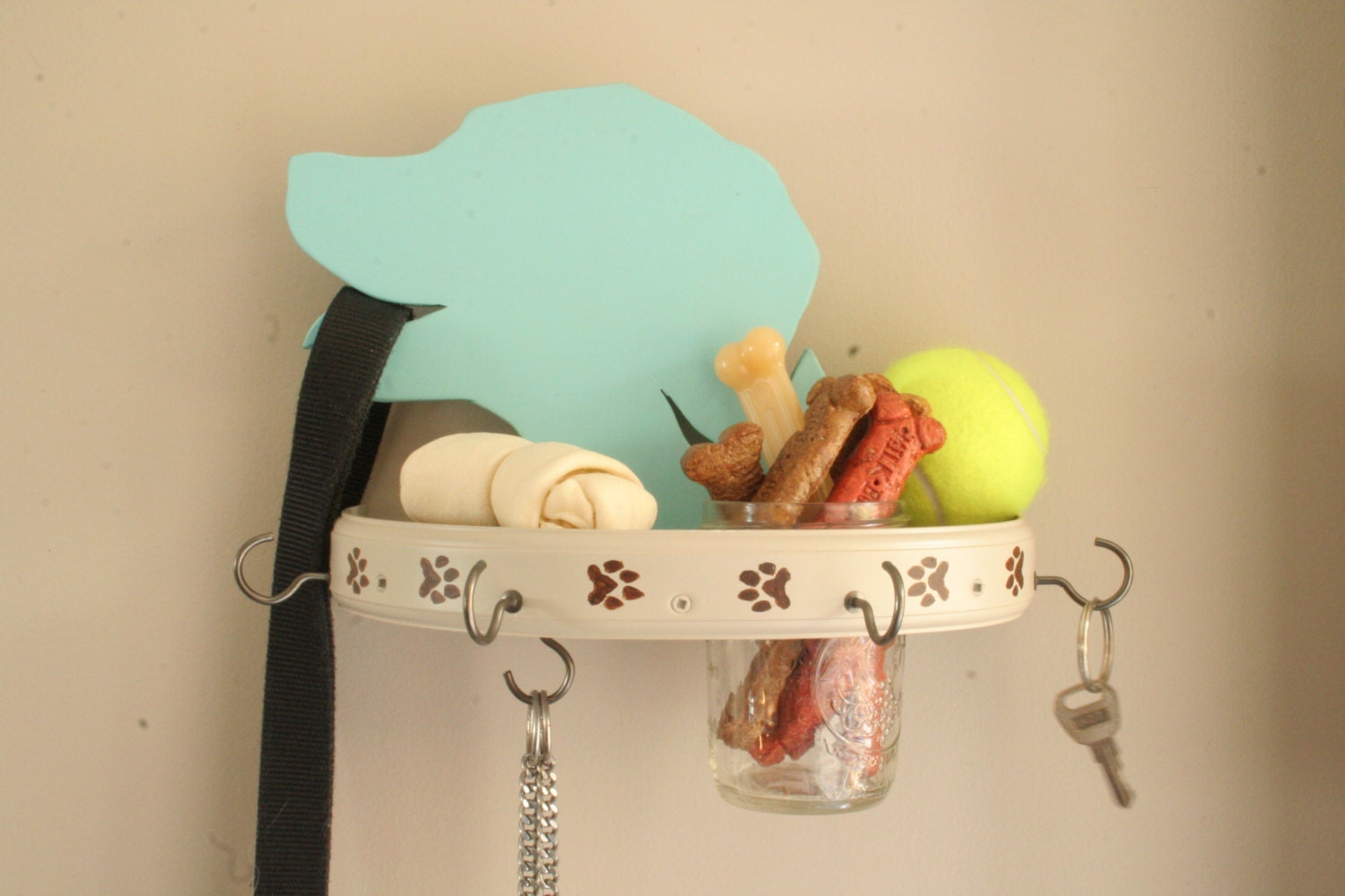 Labrador Retriever Leash, Toy, Treat and Key Hanging Shelf, Lab Silouhette with Dog Paw Prints, Turquoise and Cafe Latte Colors