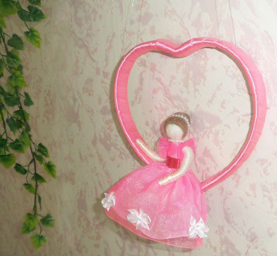 Girl in Pink Dress Sitting in Hoop in Form of Heart - Decorative Needle Felted Composition