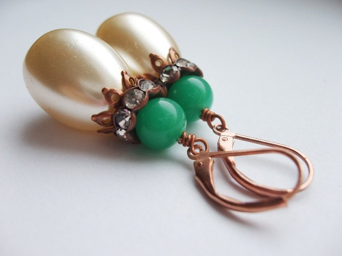 Big Pearl Drop Earrings with Green Beads in Antique Copper Rhinestone Rondelle Leverbacks