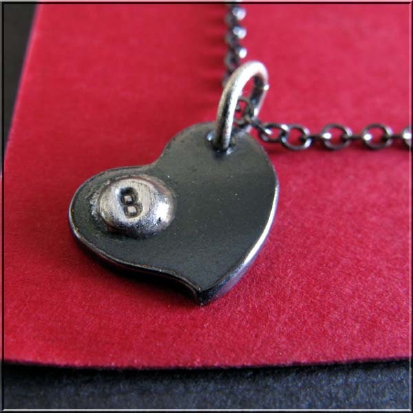 Tiny initial heart necklace.  Rustic oxidized copper & brushed sterling silver.  Love valentine jewelry.  Discreet tiny letter.  For her.