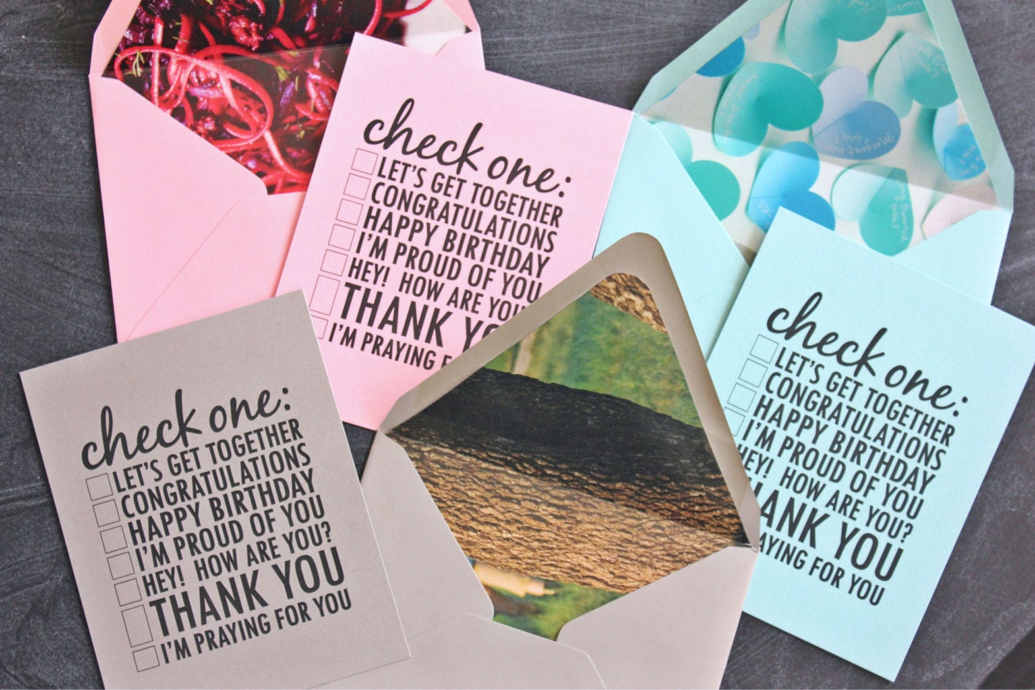 set of 3 choose your own greeting note cards, with recycled magazine lined envelope, birthday, thinking of you, thank you, congratulations