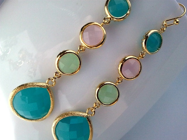 Spring Collection Mint Long Gold Earrings,Drop, Dangle, Glass Earrings, bridesmaid gifts,Wedding jewelry, Christmas Earrings