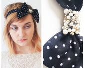 Buy-1-Get-1-Free: Black and White Sequin/Pearl Embellished Bow Headband