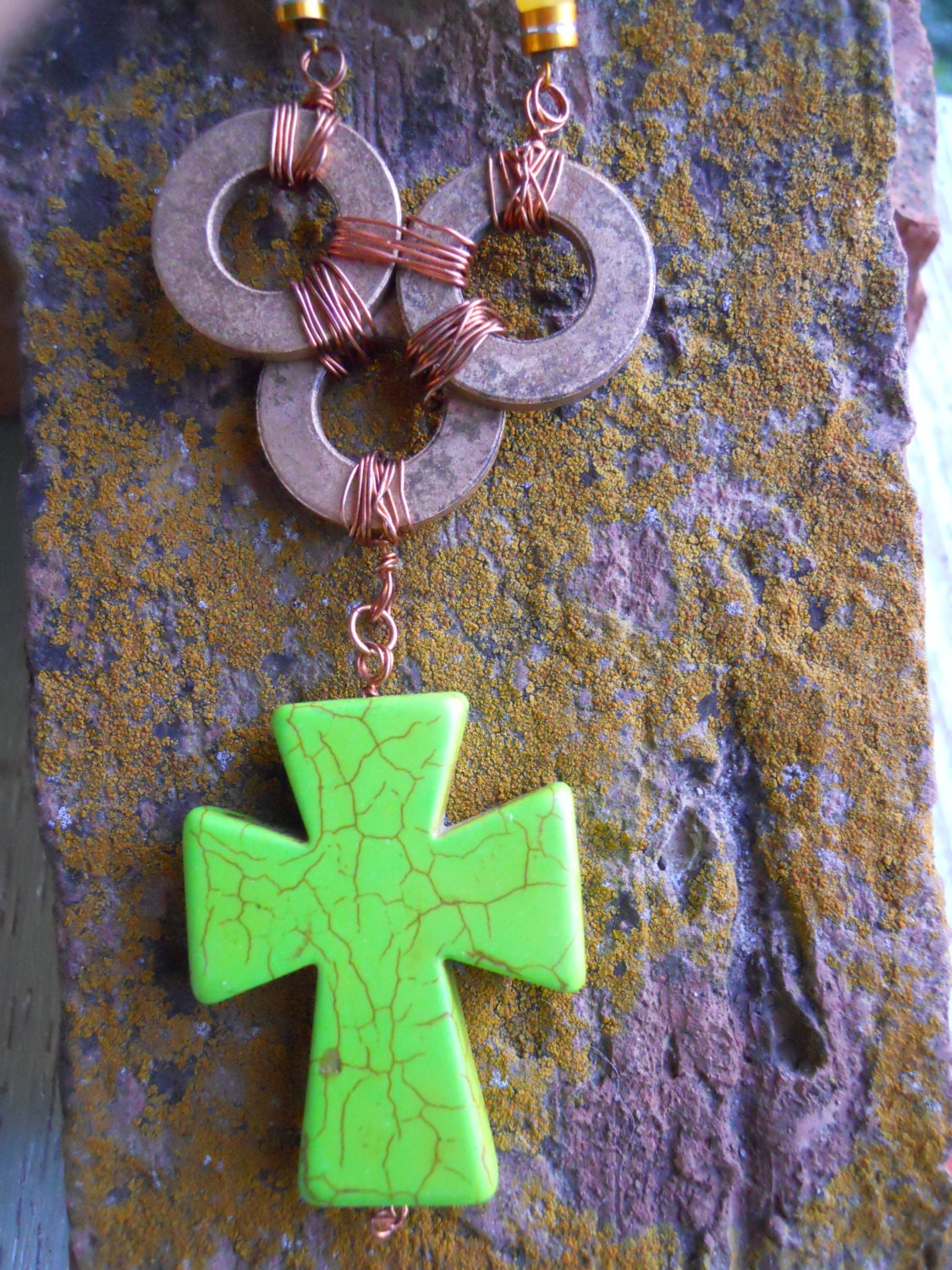 Chunky Green Cross bold necklace of vintage beads with wire wrapped brass washers in trinity pattern