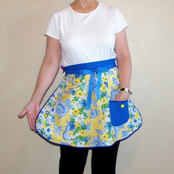 Retro Petal Half Apron in Blue and Yellow Prints-One Size - SusiesTieOneOnAprons