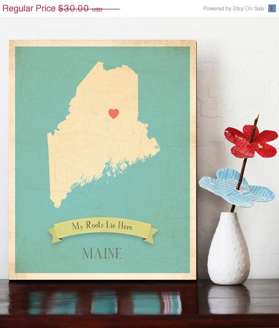 25% OFF SALE Maine Roots Map 11x14 Customized Print