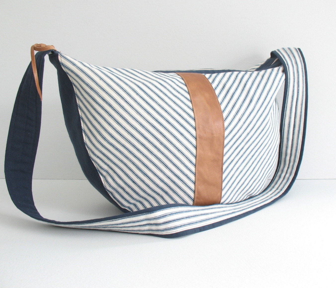 Navy and white striped bag, large canvas bag, leather accents, zipper closure