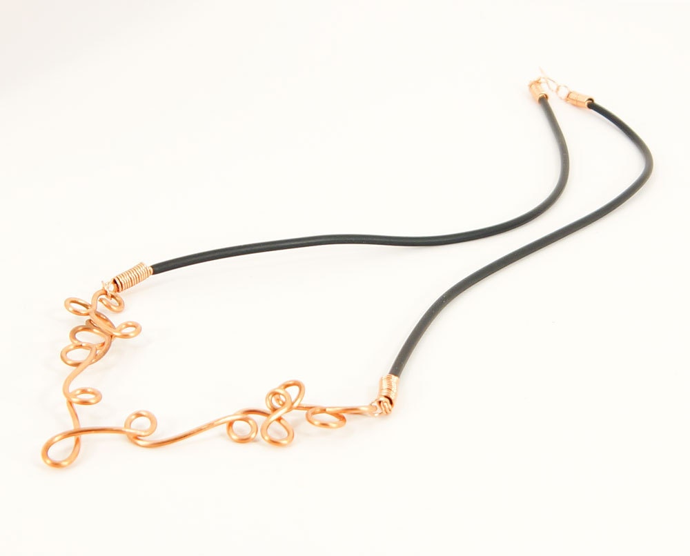 Women's Necklace: Copper Swirlled Vee Pendant on Buna Cord 1739