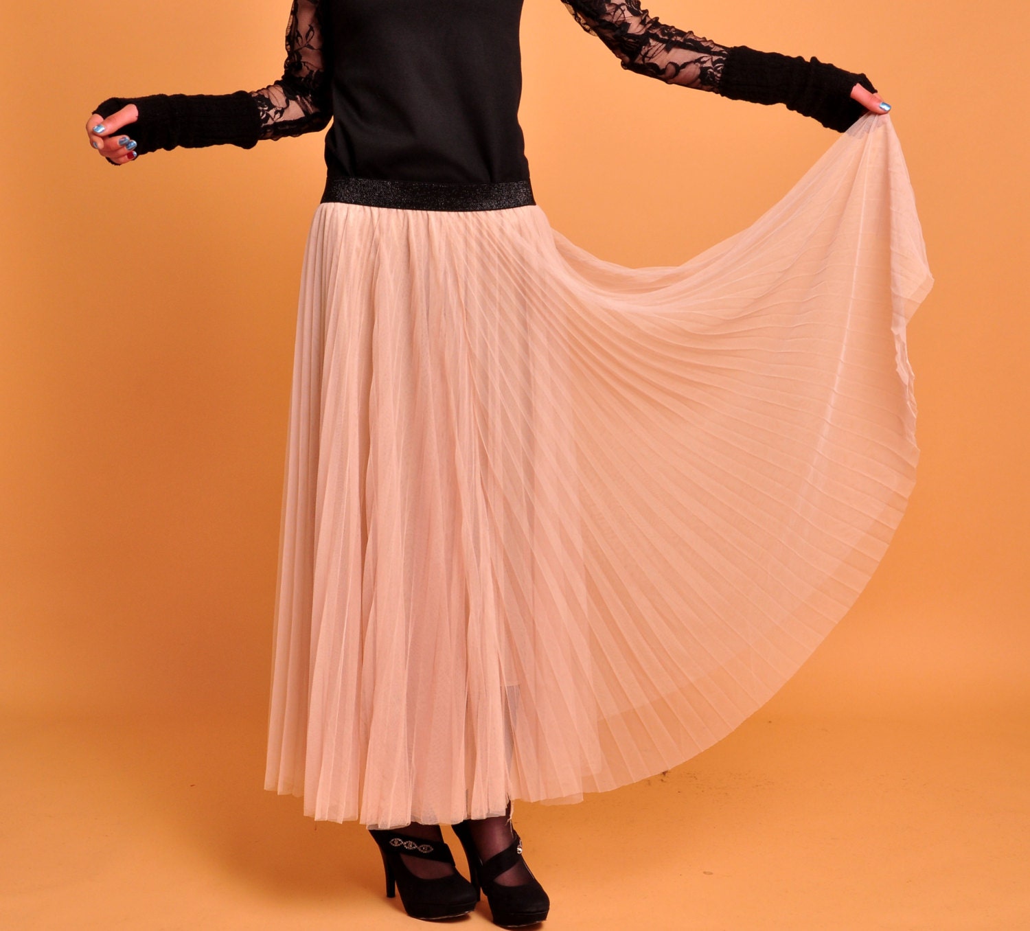chiffon maxi skirt-------360 degree Pleated  Bohemian skirt beach skirt beige pink  skirt long  skirt