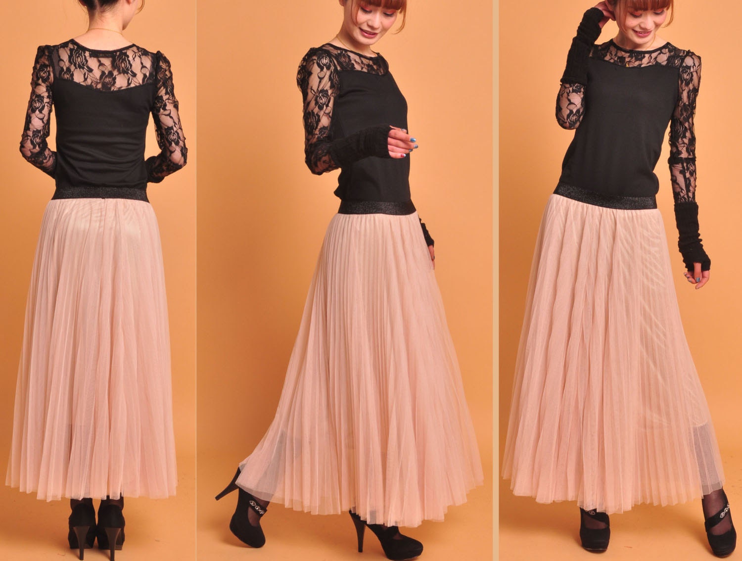chiffon maxi skirt-------360 degree Pleated  Bohemian skirt beach skirt beige pink  skirt long  skirt