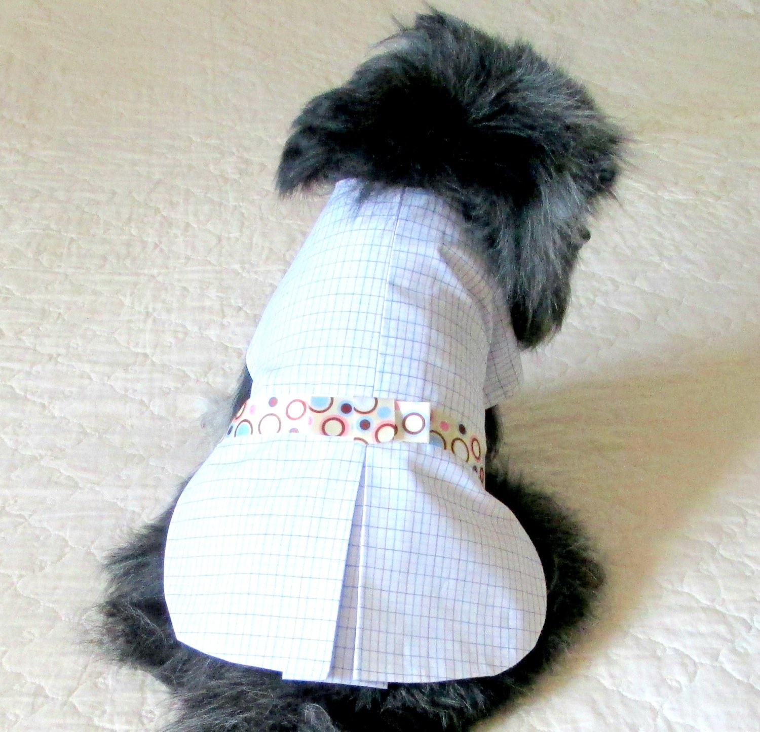 Small Dog Dress Pomeranian -  White Cotton with Fine Check, Box Pleat, Ribbon and Bow - Great for Cat, Too
