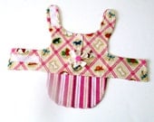 Small Dog Dress Harness with Rosette - "Violet," Predominantly Pink, Cream & White Poky Little Puppy Print Chihuahua