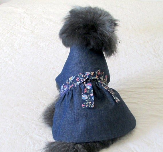 Small Dog's Clothes - Made to Order Indigo Stretch Denim Dress w/Teacup Trim and Satin Roses