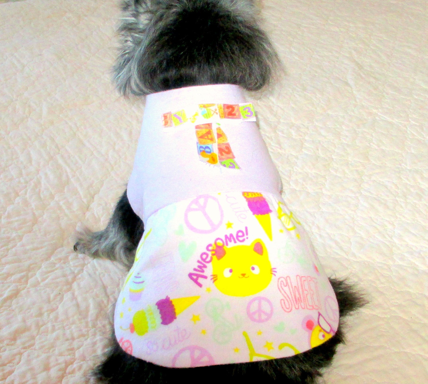 Canine Clothes Made to Order for Small Sizes - Flannel Dress w/Lavender Bodice and Multicolored Skirt and Satin Trim