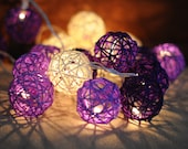 20 x Warm wood organic purple shaded string light rattan ball night light bedroom bedhead display lantern pom pom garland