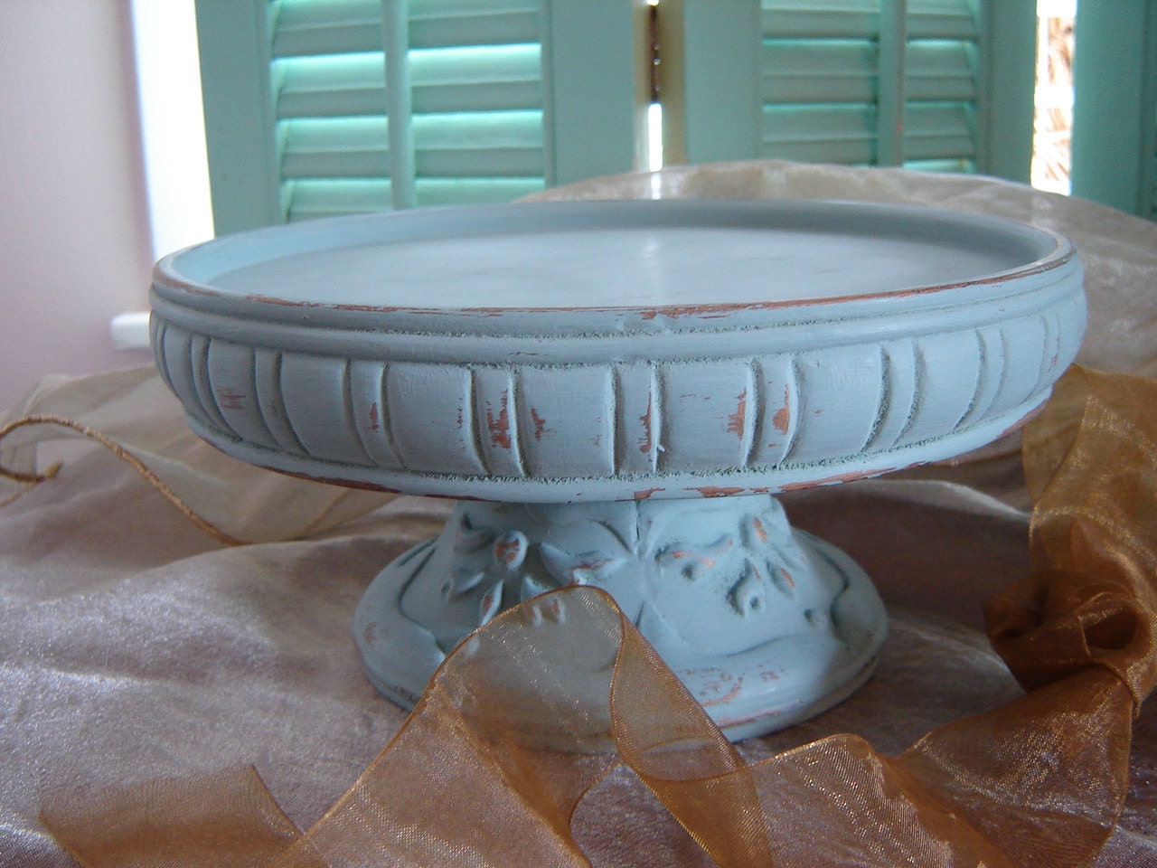 Upcycled pedastal with glass dome/ shabby chic pedastal