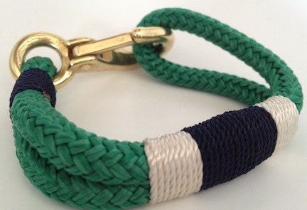 Green Nautical Rope Bracelet with Off-White & Navy Stripe with Bronze clasp