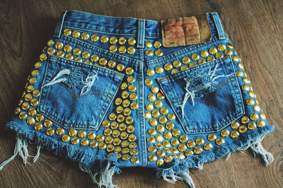 MADE TO ORDER Studded back High waisted Denim Shorts Vintage Destroyed diy Cut Off Jeans