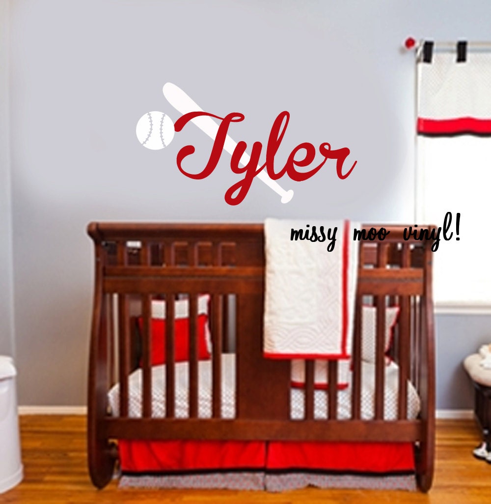 Vinyl Wall Decal Monogram Name Baseball Bat and Baseball Nursery Wall Decal Sticker